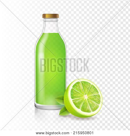 Fresh lime juice in bottle with lime slice. Vector realistic.