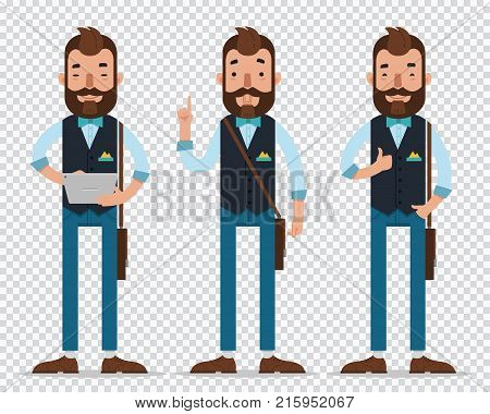 Businessman cartoon character in different poses. Man holds tablet , shows to up and shows OK. Business character. Vector. Flat. Illustration on transparent background.