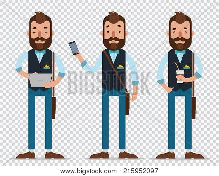 Businessman cartoon character in different positions.Man holds tablet and phone, stands with cap of coffee and smiles. Vector, flat. Illustration on transparent background.