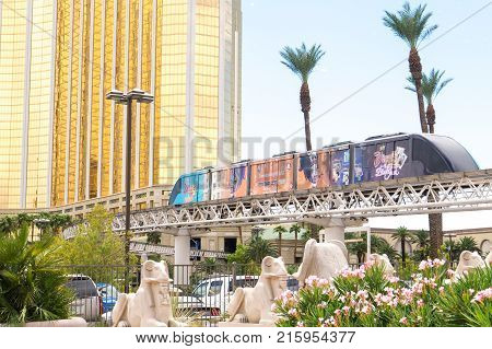 LAS VEGAS USA - AUGUST 21 2017: Monorail in Las Vegas. The modern train connects several casinos and attractions with its almost four miles long route. Editorial.