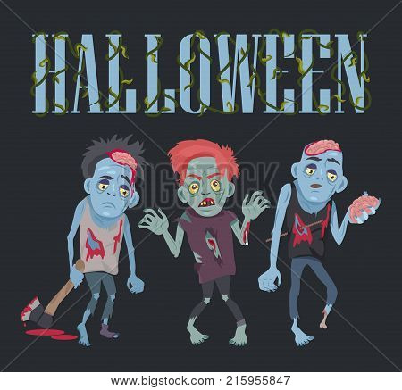 Halloween placard with title decorated by wavy plant and images zombies holding brain and axe in their hands on vector illustration