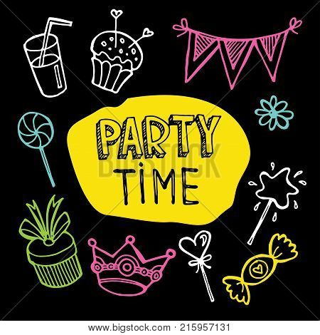 Hand drawn doodle party time set. Pattern