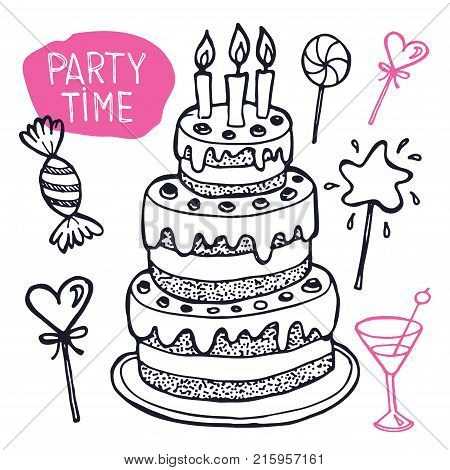 Hand drawn doodle party time set. Pattern