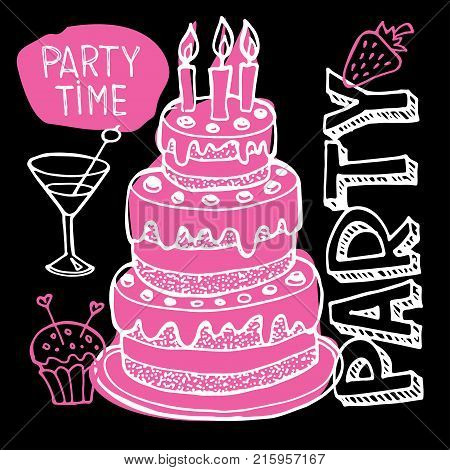 Hand drawn doodle party time set. Pattern