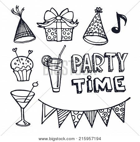 Hand drawn doodle party time set. Pattern