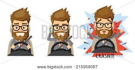 Don t talk while driving The man had an accident. Man holding mobile phone while driving car, closeup.