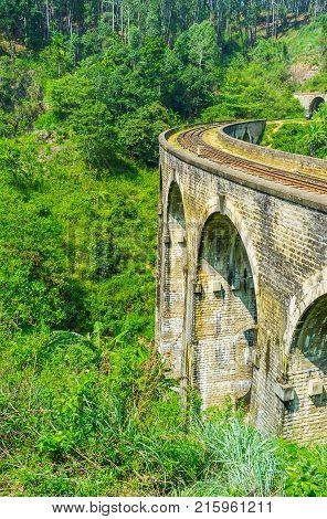 Nine Arch Bridge is the popular destination among the admirers of agritourism Demodara is rich in scenic tea plantations gardens and jungle Ella Sri Lanka.