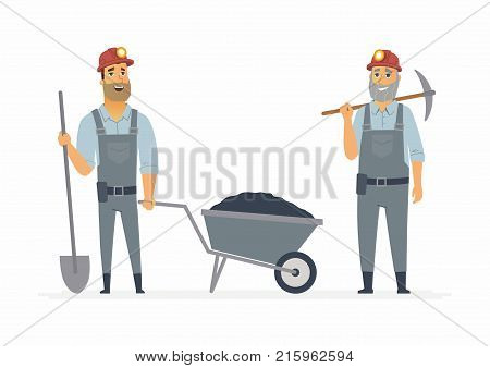 Miners - cartoon people characters illustration on white background. Two smiling standing workers with a pickaxe, trolley with coal, spade wearing overalls and hard hats with lights