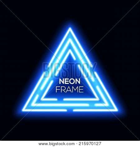Blue neon light triangles. Shining techno frame. Night club electric bright 3d sign. Banner design on dark blue backdrop. Neon abstract tech background with glow. Technology vector illustration EPS 10
