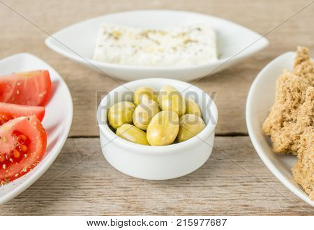Greek Appetizers feta tomatoes and rusks. Mediterranean traditional healthy food.