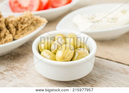 Greek Appetizers feta tomatoes and rusks. Mediterranean traditional healthy food.