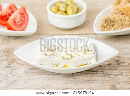 Greek Appetizers feta tomatoes and rusks. Mediterranean traditional healthy food.