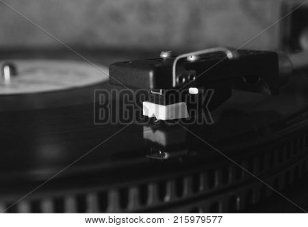 retro vinyl record player black and white photo