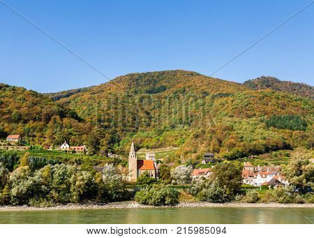 An Austrian village from the deck of a river cruise ship on the Danube River