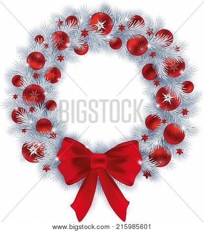 Christmas wreath with silver colour fir branches red balls and decorations. Vector illustration.