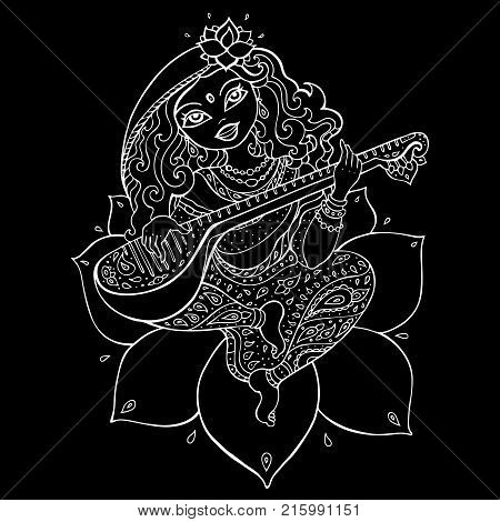 Hindu Goddess Saraswati. Vector hand drawn illustration.