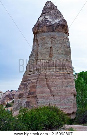 Love Valley In Goreme Village, Fungous Forms Of Sandstone In The Canyon Turkey, Asia.