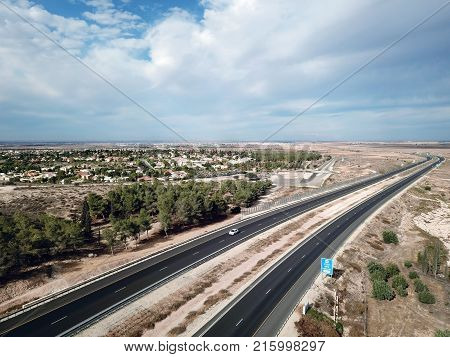 Top view of a highway through Israel in the region of the Negev