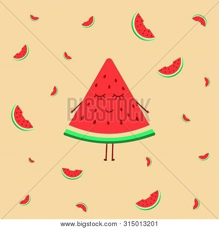 Pink Background With A Smiling Girl Watermelon,  Illustration, Green