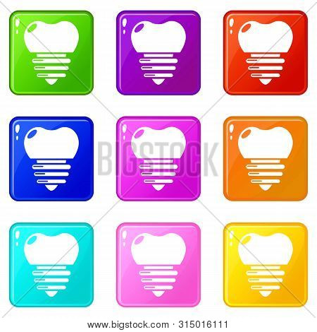 Dental Implant Icons Set 9 Color Collection Isolated On White For Any Design