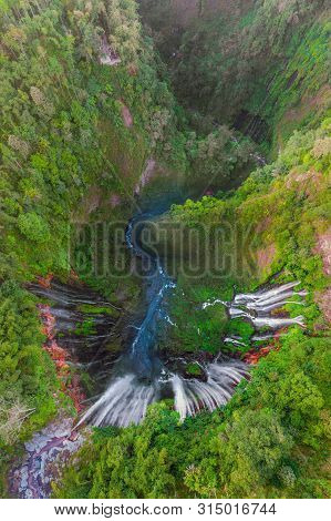 Aerial View Of  Sewu Waterfall. Nature Landscape Of Jinguashi In Natural Area. It Is Located In Indo