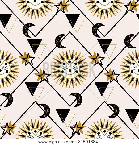 Smiling Sun And Geometric Elements In A Seamless Pattern Design