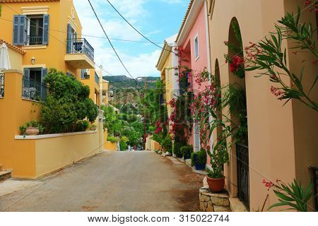 traditional greek housedoor and flowers