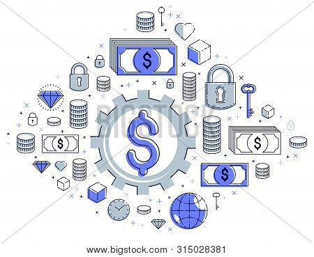 Economy System And Business Concept, Gear Mechanism With Dollar Signs And Icon Set, Allegory Design 