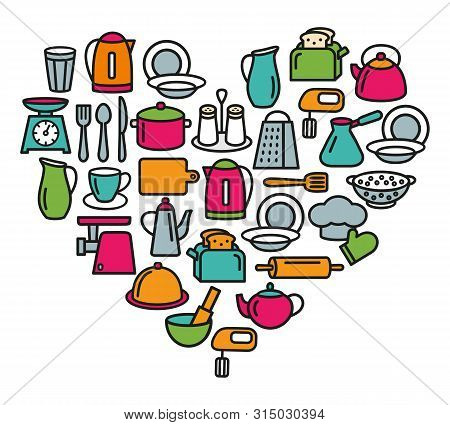 Cooking Set In Heart Template Of Modern Thin Line Icons Home Tableware, Household And Kitchen Utensi