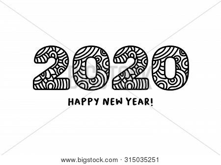 2020 Lettering, Happy New Year Greeting. Calendar Front Cover, Horizontal Slogan With Chinese Zodiac