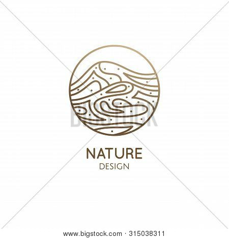 Mountain Landscape Logo With Water. Abstract Wavy Lines Icon. Vector Linear Illustration. Minimal Si