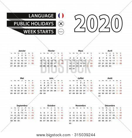 Calendar 2020 In French Language, Week Starts On Monday. Vector Calendar 2020 Year.