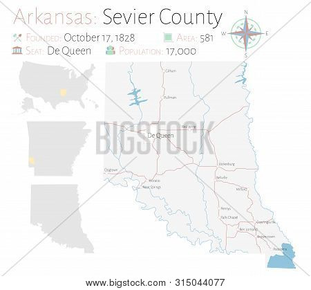Large And Detailed Map Of Sevier County In Arkansas, Usa.