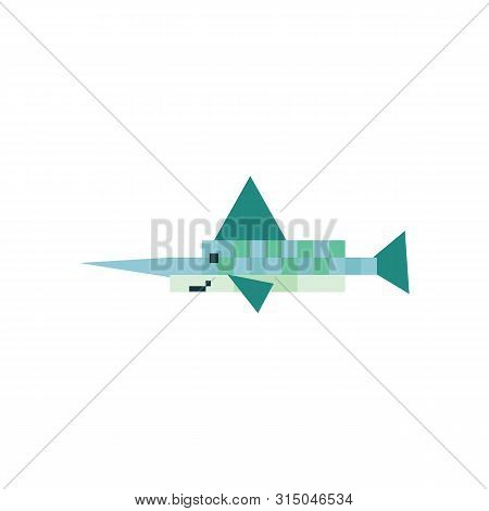 Cute Neo Mint Green 8 Bit Swordfish Vector Illustration. Sealife Pixel Clipart.