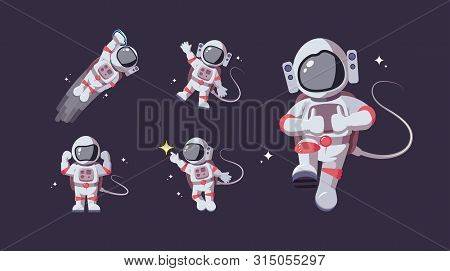 Set Of Astronaut In Various Poses In Outer Space. Spaceman Exploration Galaxy. Astronomy, Star Missi