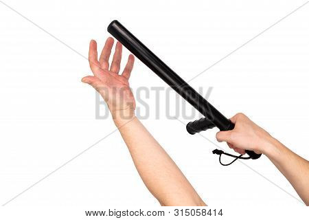Two White Arms With Black Rubber Police Baton Isolated On White Background