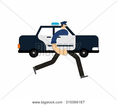 Police Car Patrol Isolated. Police Officer In Car. Cop Patrolling Street
 