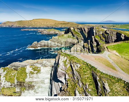 Amazing Wave Lashed Kerry Cliffs, The Most Spectacular Cliffs In County Kerry, Ireland. Tourist Attr