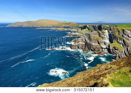 Amazing Wave Lashed Kerry Cliffs, The Most Spectacular Cliffs In County Kerry, Ireland. Tourist Attr
