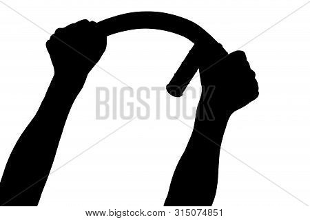 A Black And White Silhouette Of Two Arms Bending Rubber Police Baton Isolated On White Background