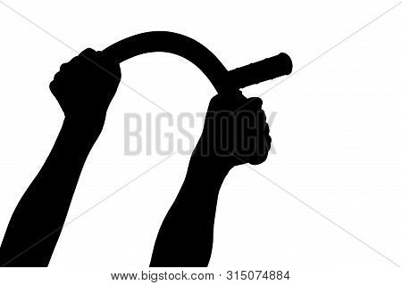 A Black And White Silhouette Of Two Arms Bending Rubber Police Baton Isolated On White Background