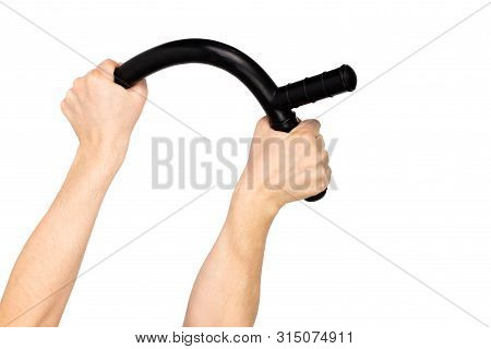 Two White Arms Bending Black Rubber Police Baton Isolated On White Background