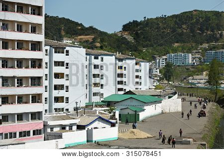 Wonsan, North Korea - May 3, 2019:  Street Scene   In Wonsan, One Of The North Korean Port On The Ea