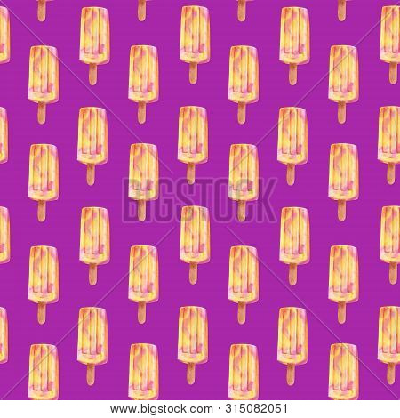 Seamless Pattern With Colorful Bright Ice Cream Popsicle Stick Isolated On Purple Background. Hand D