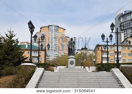 Vladivostok, Russia - April 28, 2019: City View And Monument To Muravyov-amursky Governor-general Of