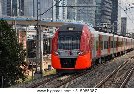 Moscow, Russia - July 30, 2019: New Train Of The Moscow Central Railway Circle Of The Mcc, Called Sw