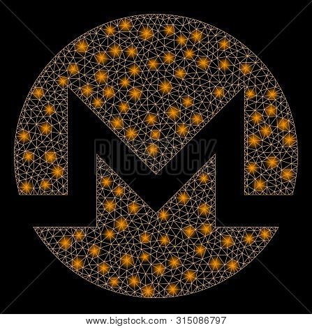 Glossy Mesh Monero With Sparkle Effect. Abstract Illuminated Model Of Monero Icon. Shiny Wire Carcas