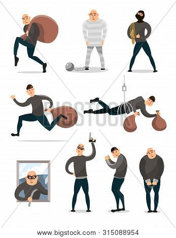Set Of Modern Burglar Character In Different Crime Situation