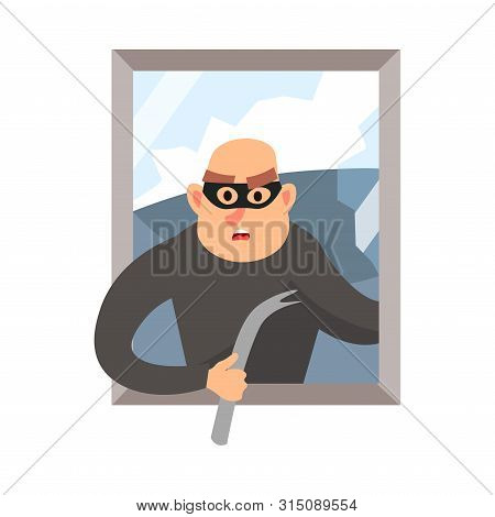 Modern Burglar With Black Mask Broken The House Window