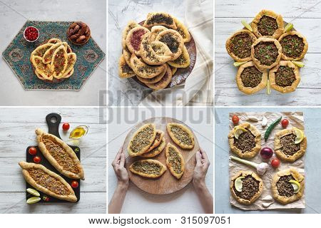 Food Collage With A Variety Arab Flatbreads. Close Up.